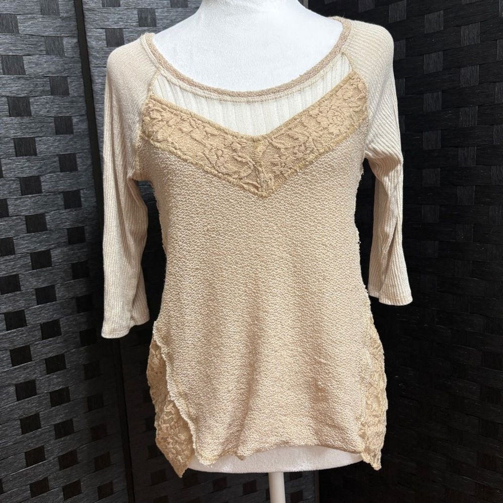 Free People We The Free Top Beige Lace Mixed Media Boho Waffle Knit Casual M/L